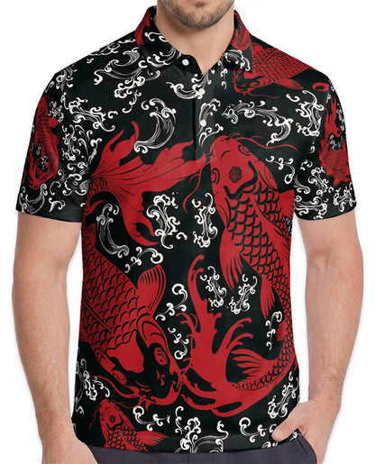 Koi Fish Polo Shirt for Men, Japanese Water Garden Print | Azhawaiian