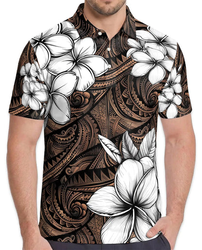 Polynesian Plumeria Polo Shirt For Men-Tribal Island Flower Tropical Aloha | Azhawaiian