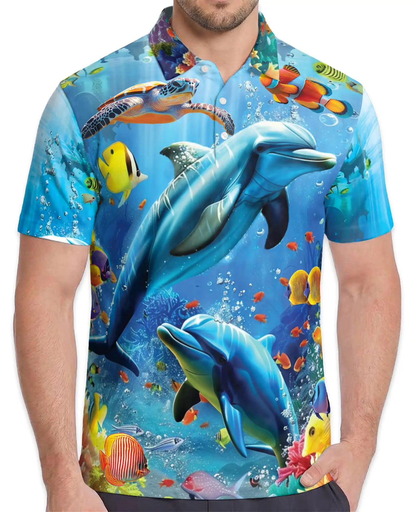 Underwater Dolphin Polo Shirt for Men, Tropical Ocean Sea Style | Azhawaiian