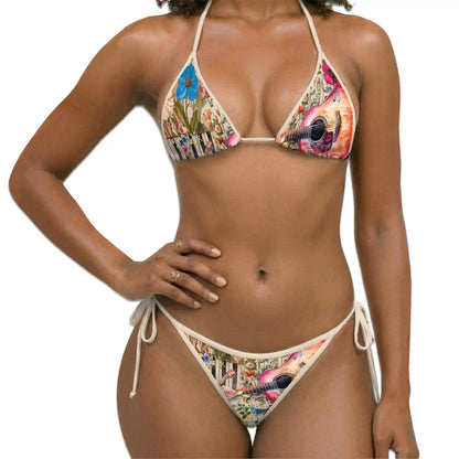 Vintage Flower Guitar Bikini Set for Women, Two Piece Swimsuit, Floral Music Beachwear | Azhawaiian