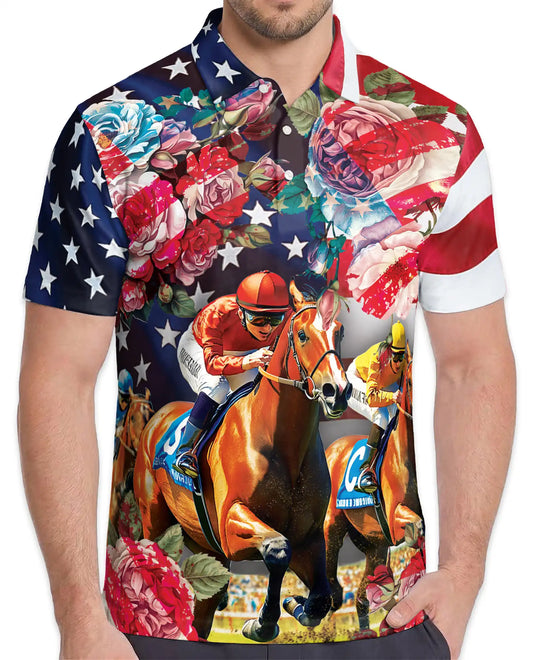 Roses Horse Racing 3D Polo Shirt for Men | Azhawaiian
