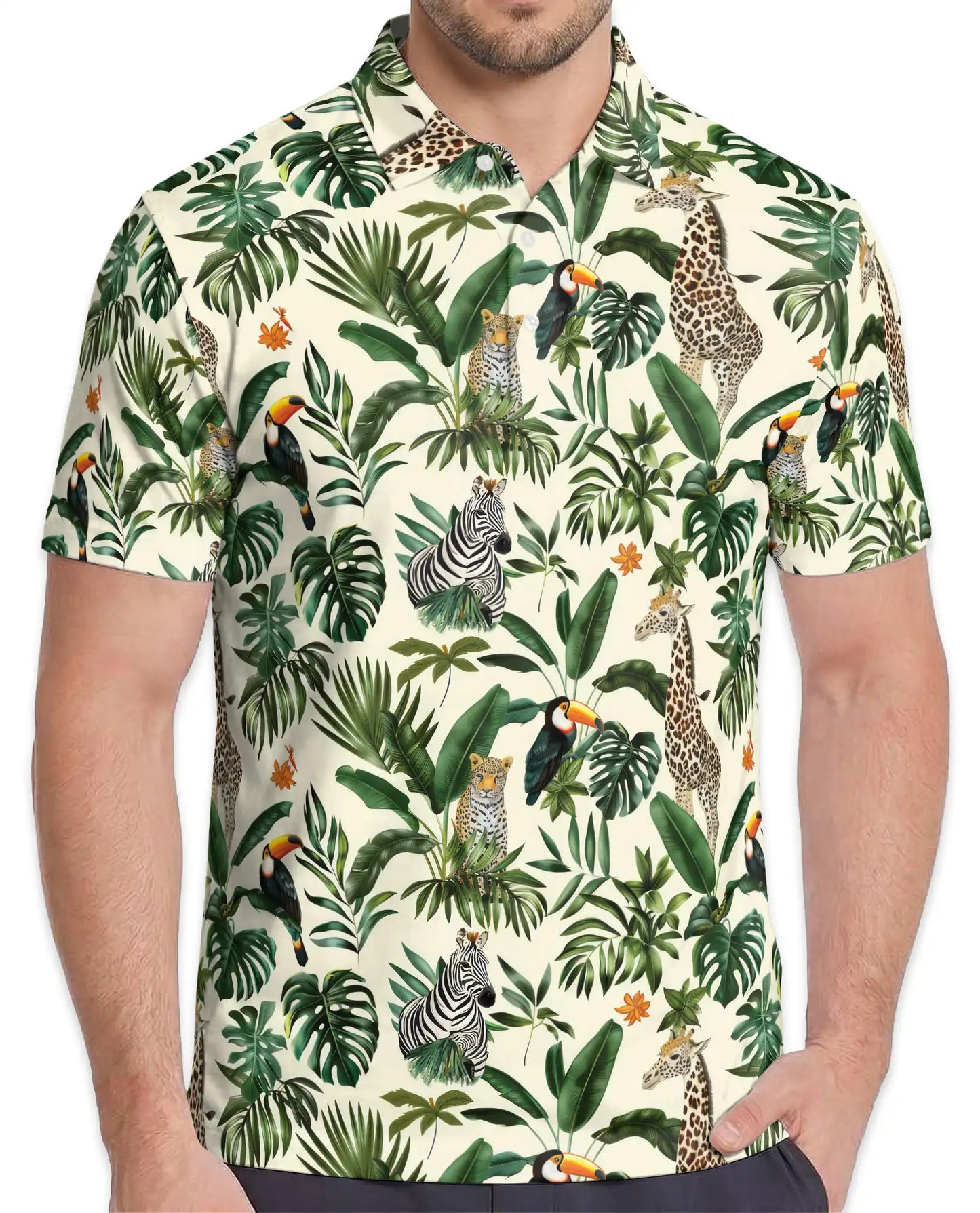 Jungle Wildlife Polo Shirt for Men, Summer Tropical Animal Print | Azhawaiian