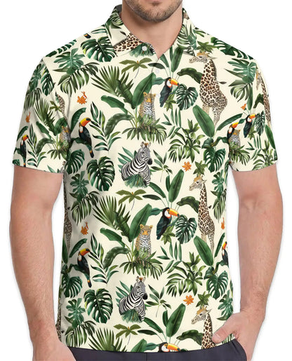 Jungle Wildlife Polo Shirt for Men, Summer Tropical Animal Print | Azhawaiian