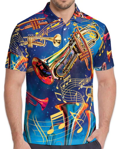 Trumpet Music Polo Shirt for Men, Jazz Band Style | Azhawaiian