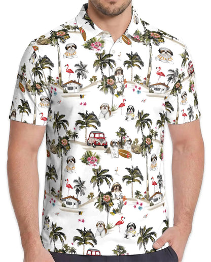Shih Tzu Tropical Island Polo Shirt for Men- Hawaiian Beach Dog | Azhawaiian