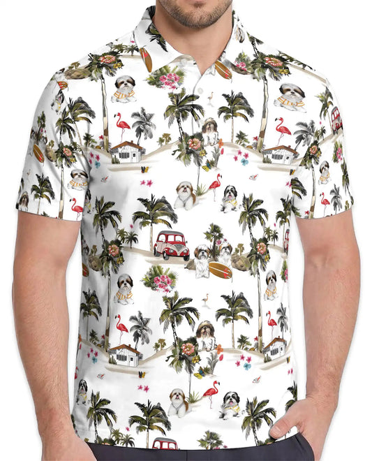 Shih Tzu Tropical Island Polo Shirt for Men- Hawaiian Beach Dog | Azhawaiian