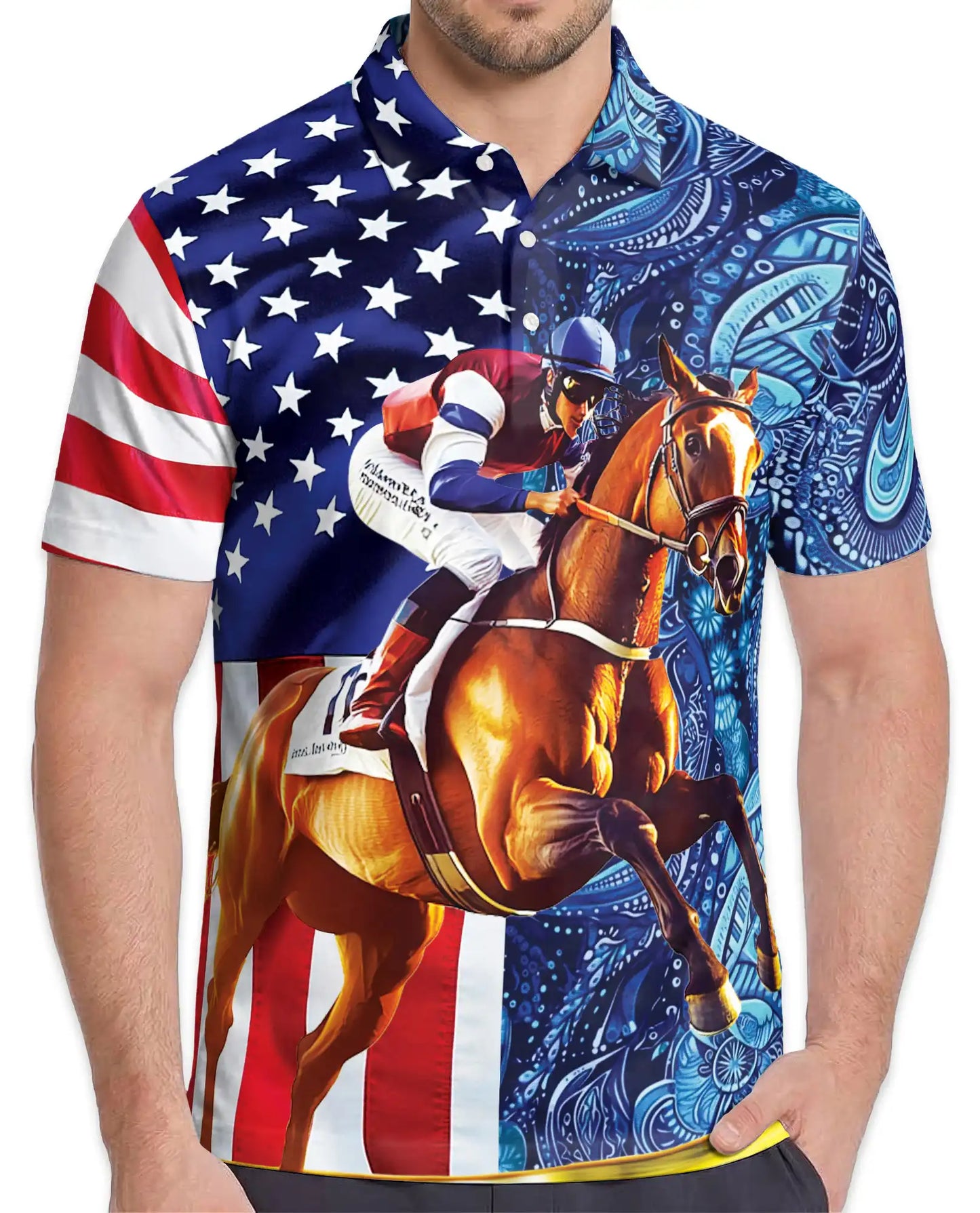 American Flag Horse Racing 3D Polo Shirt for Men | Azhawaiian