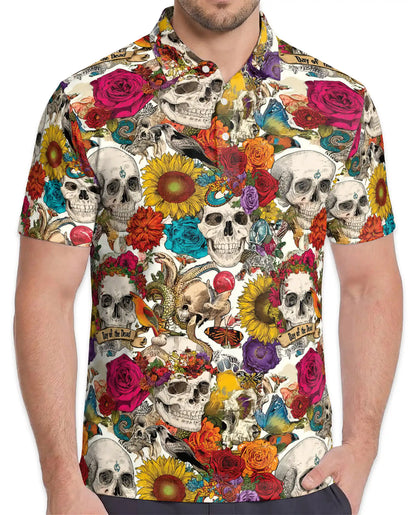 Skull Flower Polo Shirt for Men, Day of the Dead Style | Azhawaiian