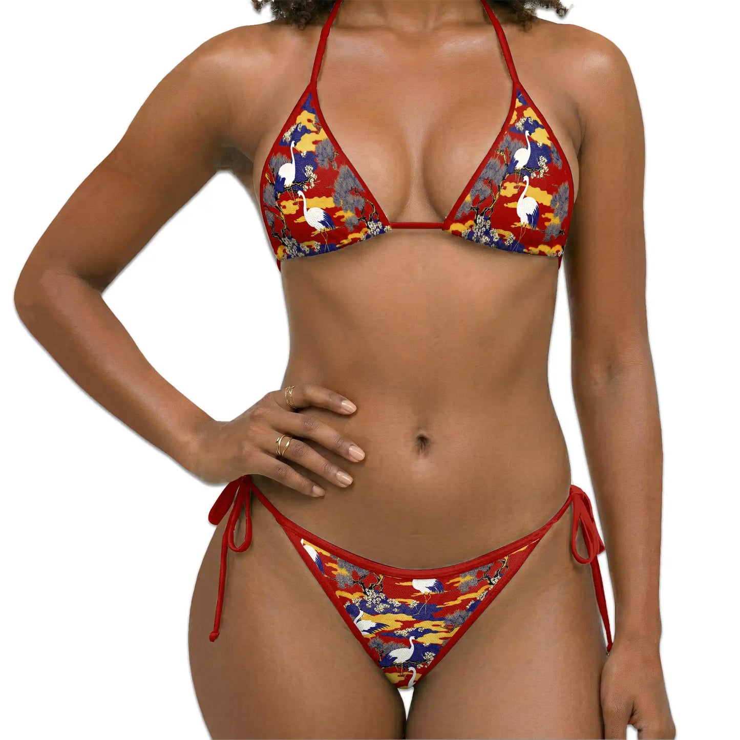 Sakura Redheaded Crane Bikini Set for Women, Two Piece Swimsuit, Japanese Art Beachwear | Azhawaiian