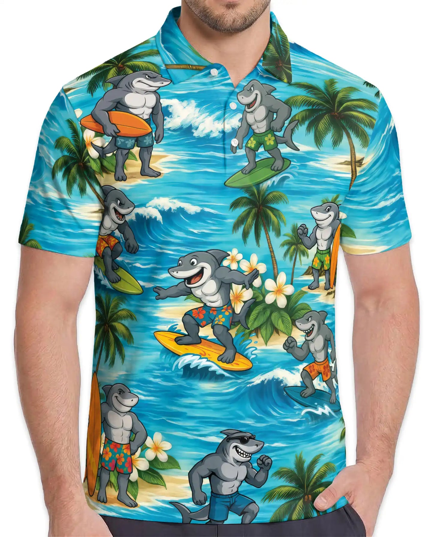 Surfing Shark Polo Shirt for Men, Beach Vacation Style | Azhawaiian