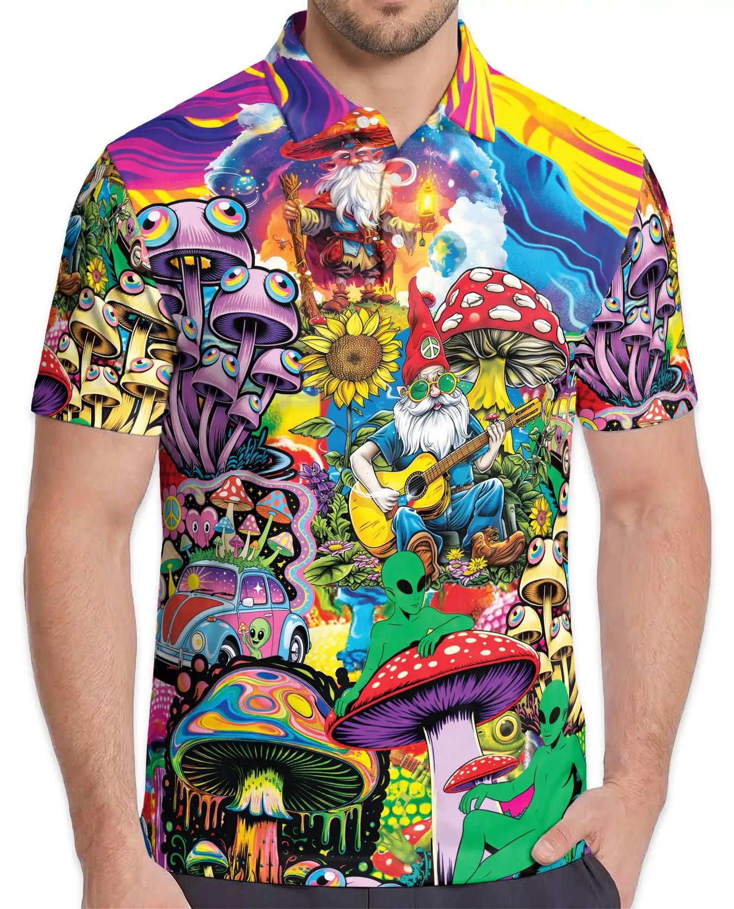 Mushroom Gnome Polo Shirt for Men, Colorful Alien Art | Azhawaiian