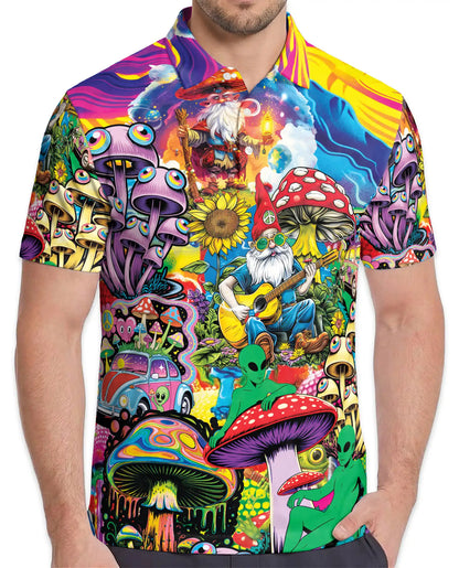 Mushroom Gnome Polo Shirt for Men, Colorful Alien Art | Azhawaiian