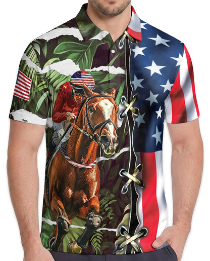 Tropical Horse Racing 3D Polo Shirt for Men, USA Flag Theme | Azhawaiian
