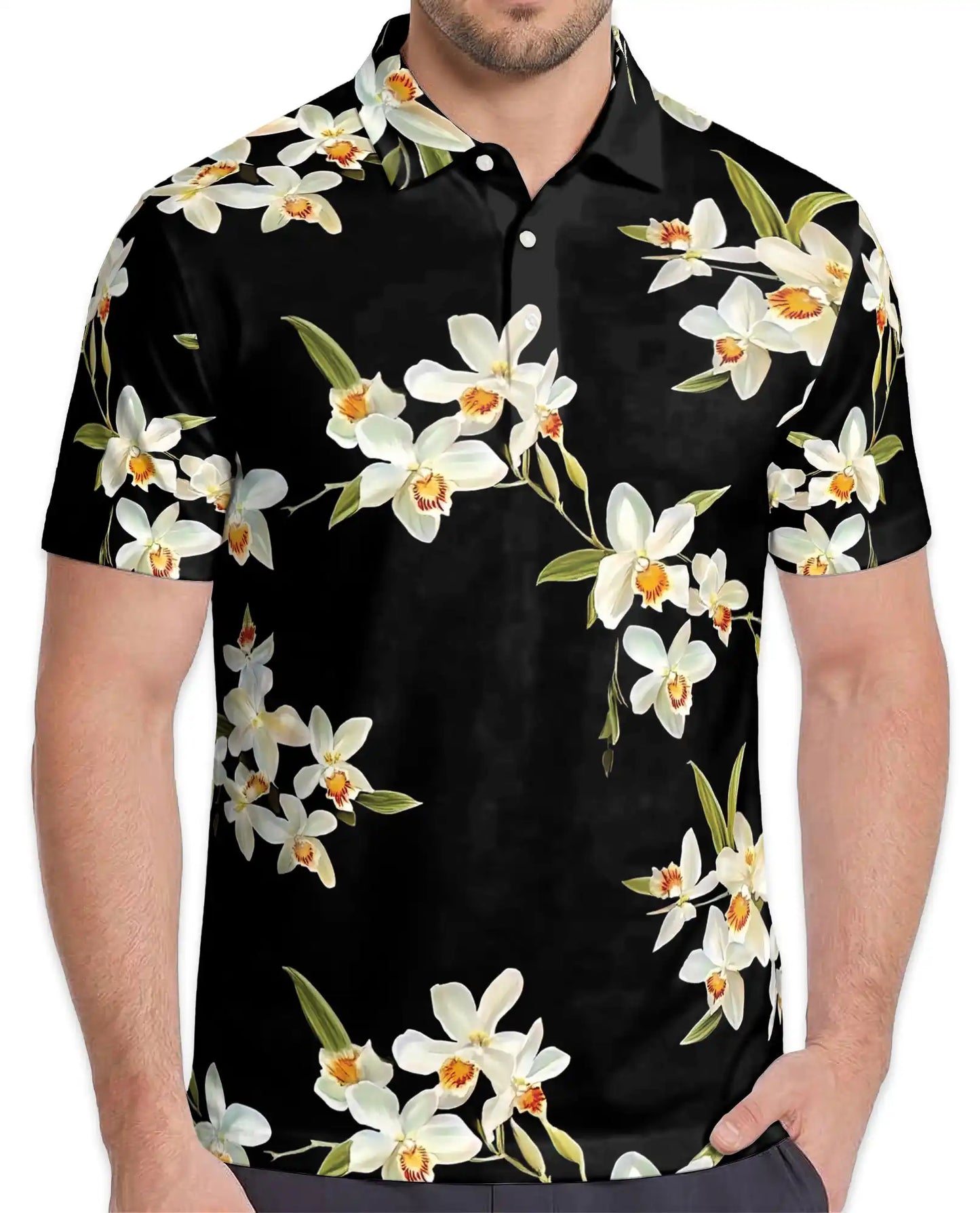 White Orchid Polo Shirt - Elegant Tropical Floral Style | Azhawaiian
