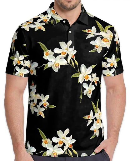 White Orchid Polo Shirt - Elegant Tropical Floral Style | Azhawaiian