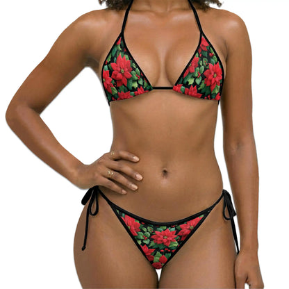 Poinsettia Pattern Bikini Set for Women, Two Piece Swimsuit, Christmas Floral Beachwear | Azhawaiian
