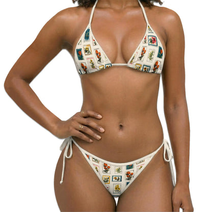 Flower Stamp Bikini Set for Women, Two Piece Swimsuit, Vintage Floral Beachwear | Azhawaiian