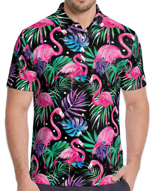 Pink Flamingo Polo Shirt for Men, Tropical Beach Style | Azhawaiian