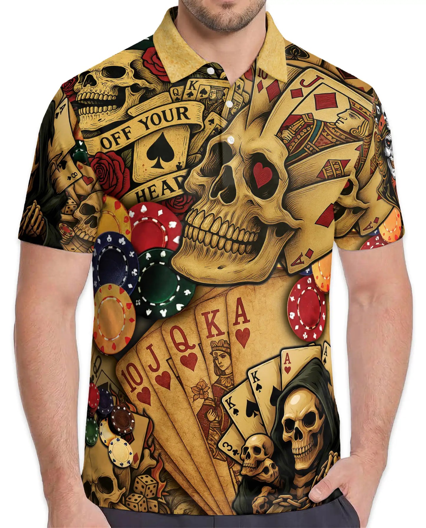 Skull Poker Polo Shirt for Men, Casino Party Style | Azhawaiian