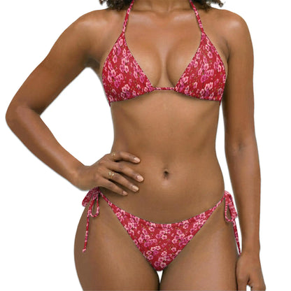 Red Cherry Blossom Bikini Set for Women Two Piece Swimsuit, Floral Sakura| Azhawaiian