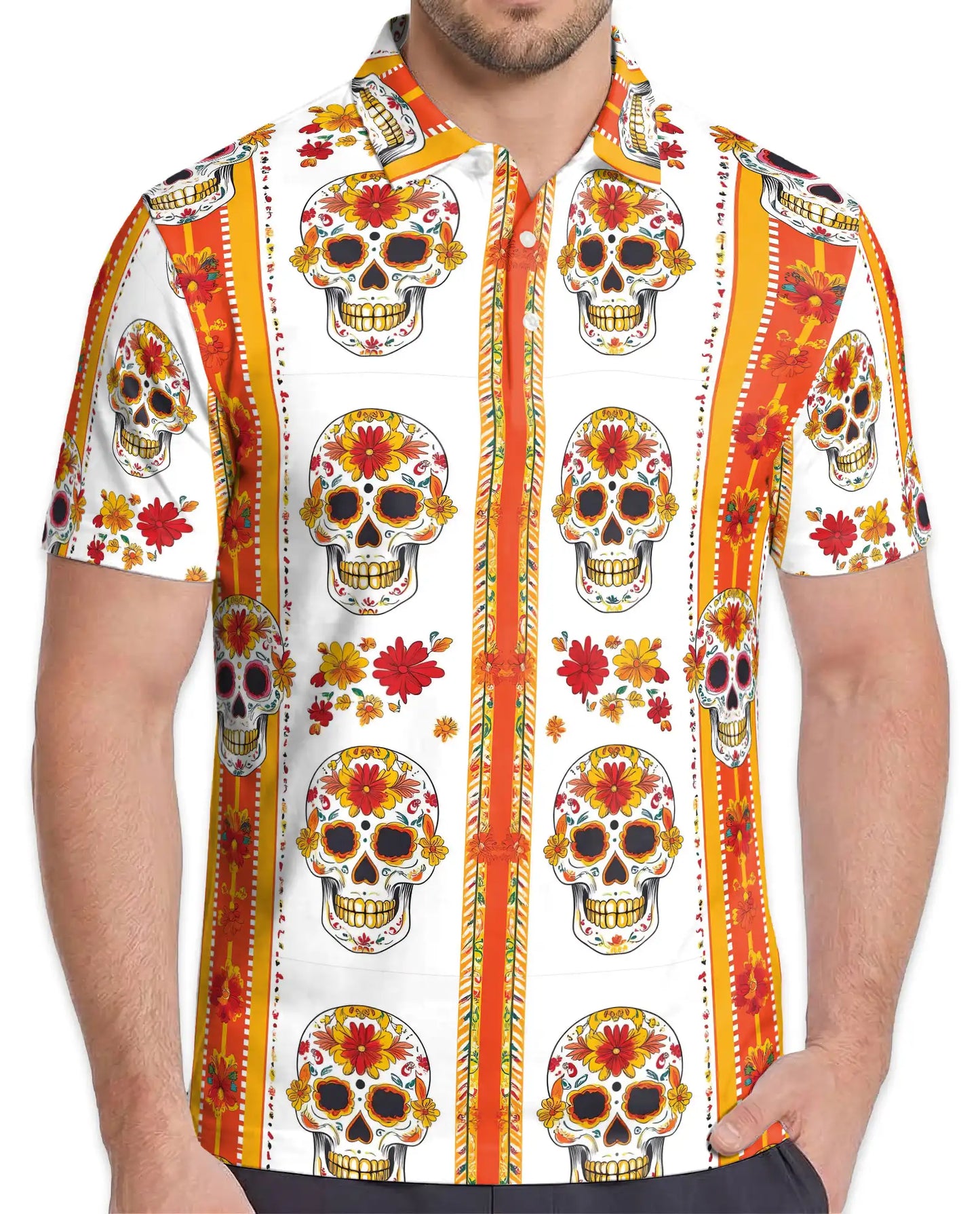 Floral Sugar Skull Polo Shirt - Day of the Dead Style | Azhawaiian