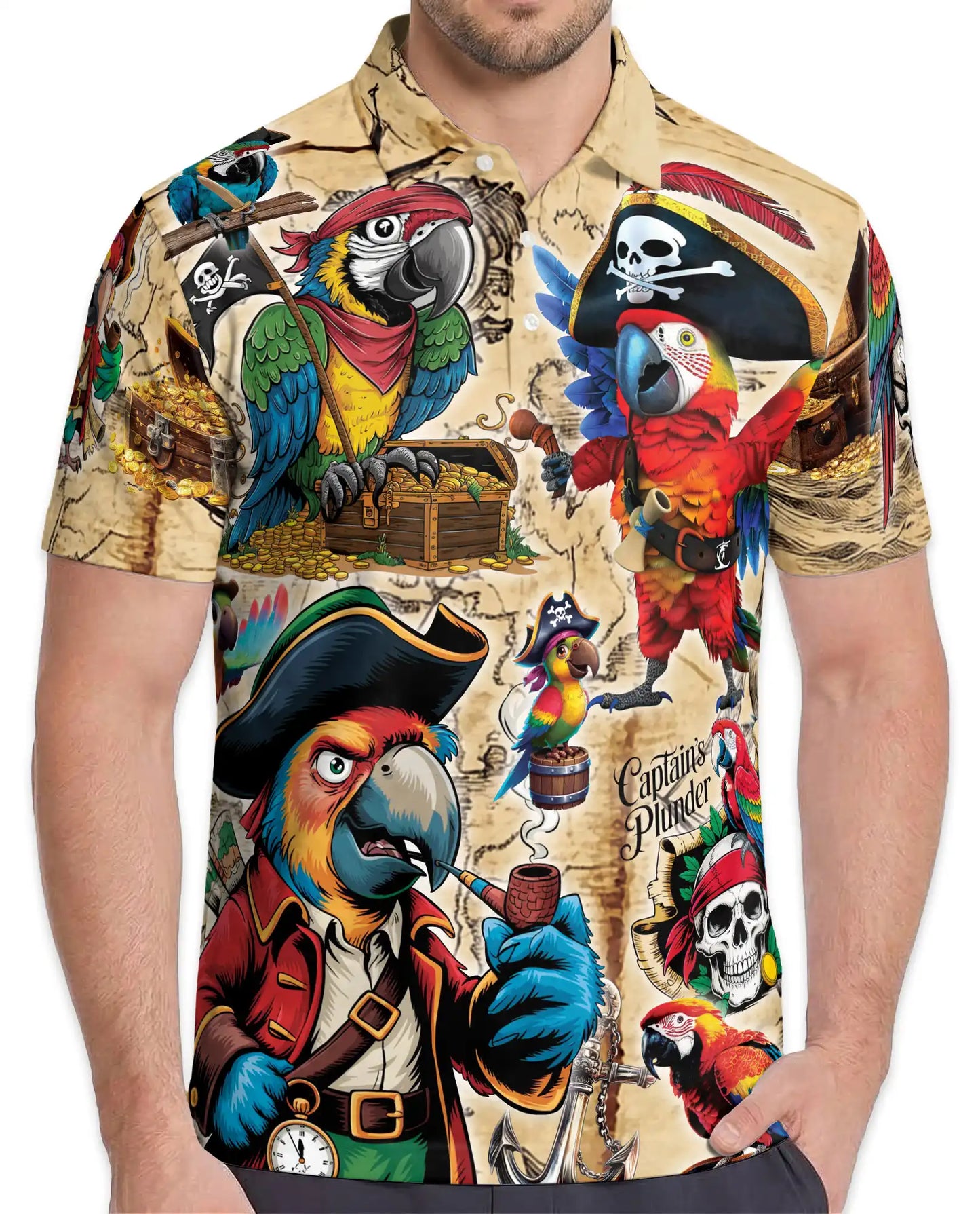 Pirate Parrot Polo Shirt for Men, Treasure Map Party Style | Azhawaiian