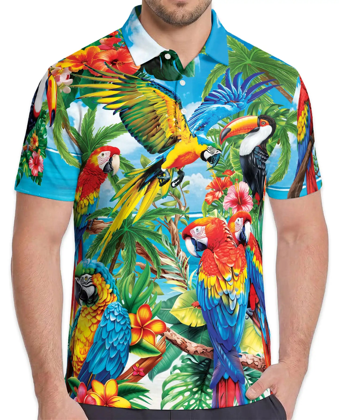 Tropical Parrot Polo Shirt for Men, Jungle Vacation Style | Azhawaiian