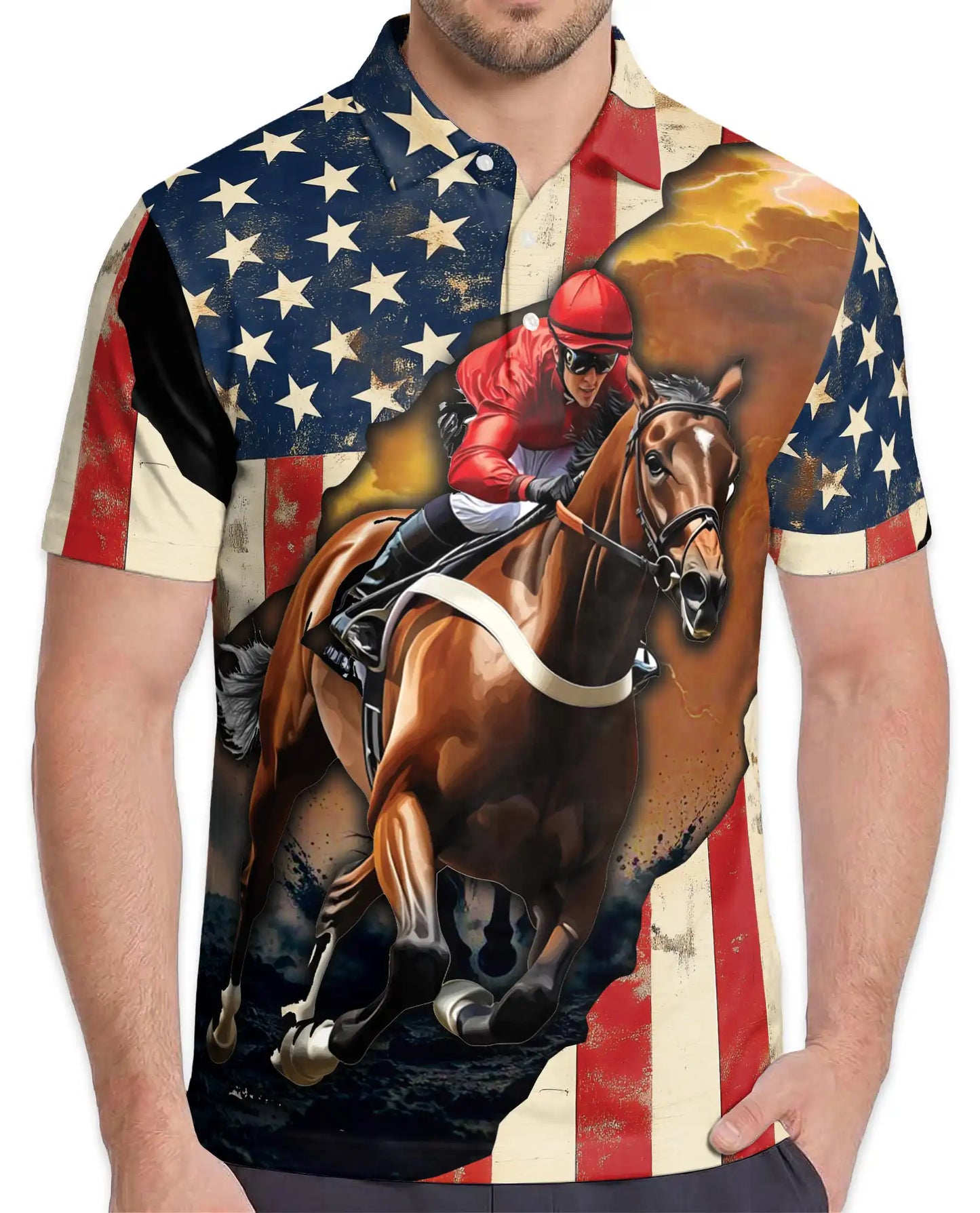 Red Horse Racing American Flag 3D Polo Shirt | Azhawaiian