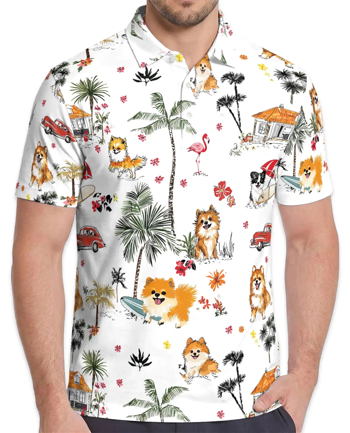Tropical Cats Hawaiian Polo Shirt for Men, Colorful Island Design | Azhawaiian