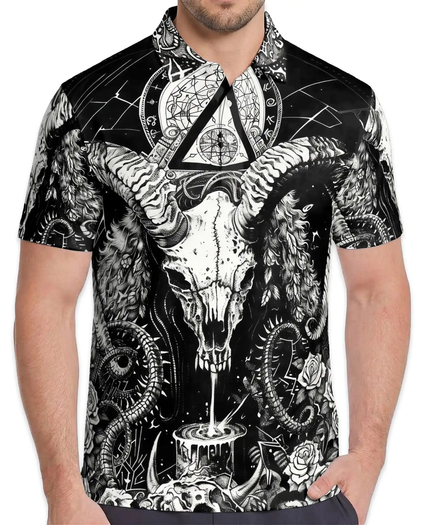 Dark Ram Skull Occult Polo Shirt for Men- Horror Black White Fantasy | Azhawaiian