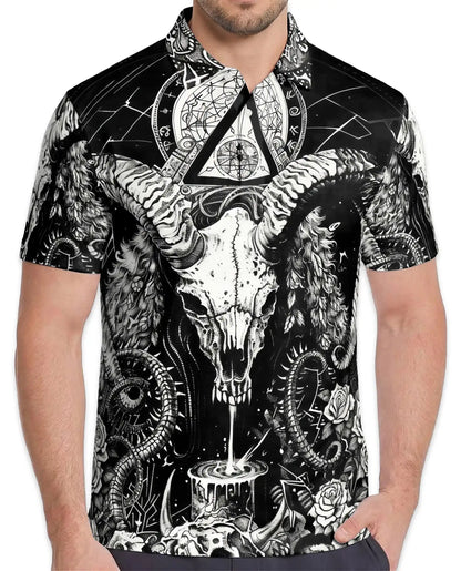 Dark Ram Skull Occult Polo Shirt for Men- Horror Black White Fantasy | Azhawaiian