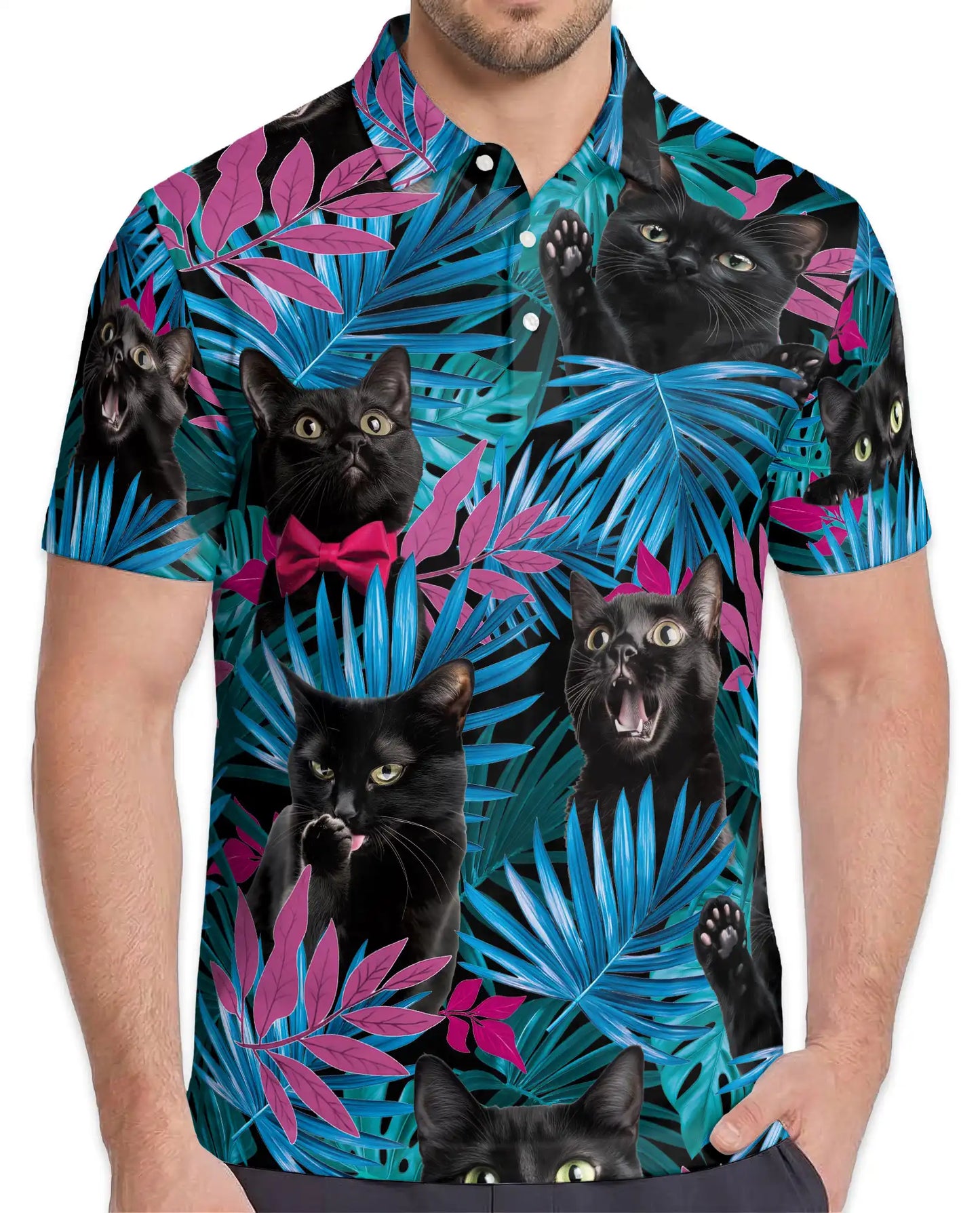 Black Cat Tropical Polo Shirt - Neon Jungle Kitty Style | Azhawaiian