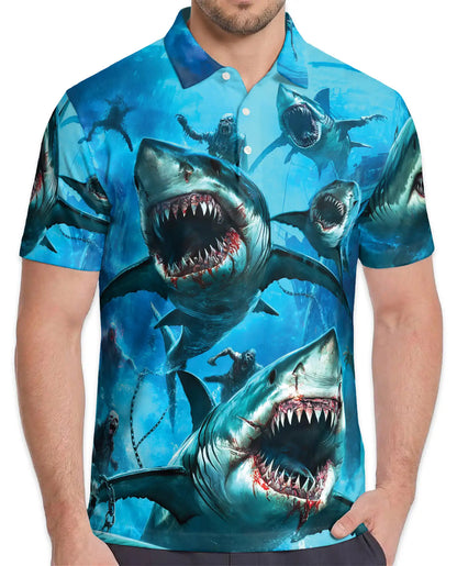 Shark Attack Horror 3D Polo Shirt for Men, Ocean Monster | Azhawaiian