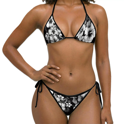 Black & White Hibiscus Bikini Set for Women, Two Piece Swimsuit, Tropical Floral Beachwear | Azhawaiian