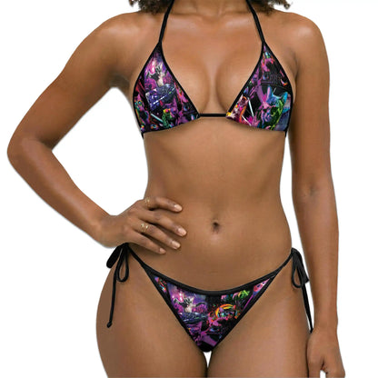 Cat Playing Music Booth Bikini Set for Women, Two Piece Swimsuit, Neon DJ Cat Beachwear | Azhawaiian