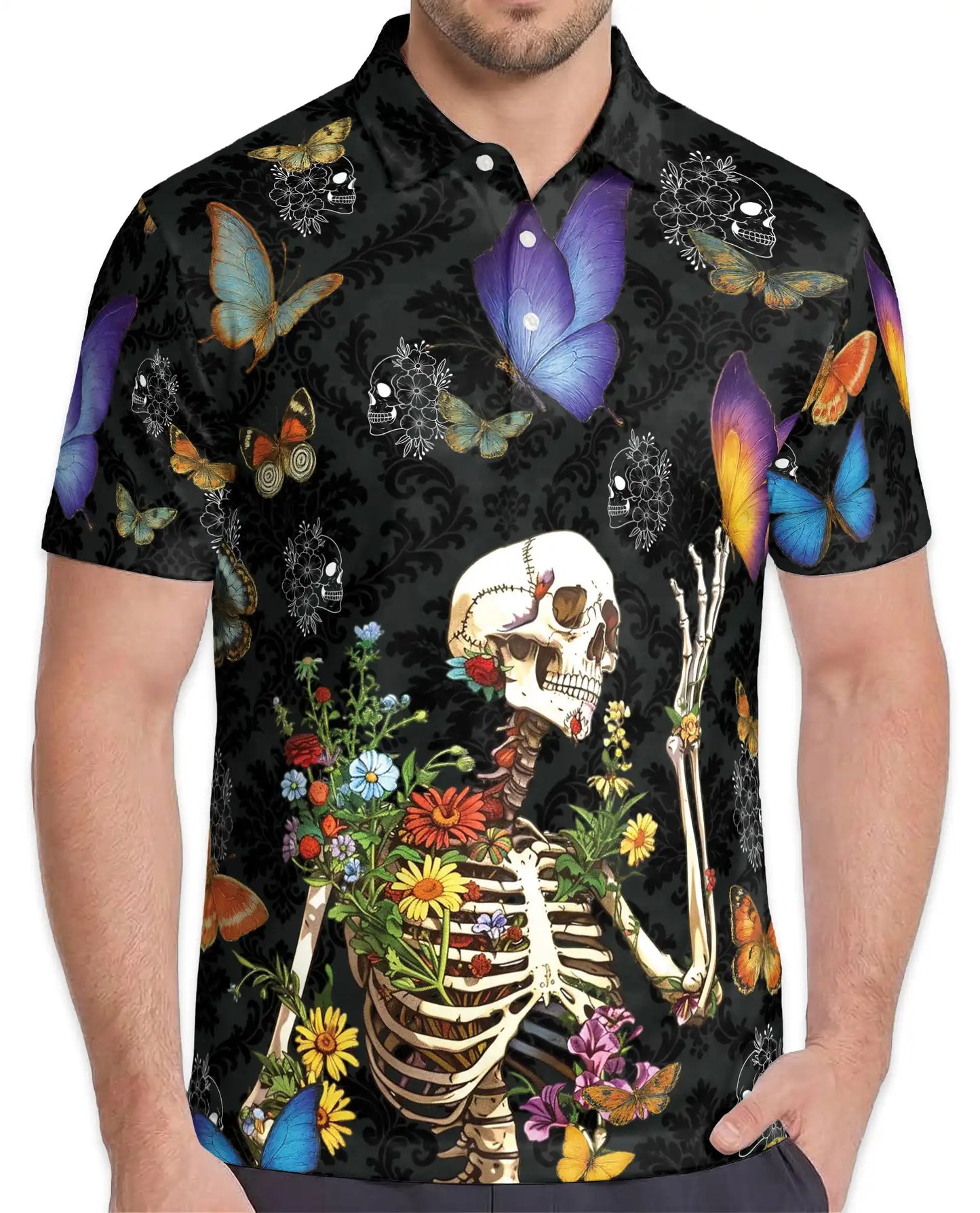 Floral Skeleton Polo Shirt for Men, Gothic Butterfly Design | Azhawaiian