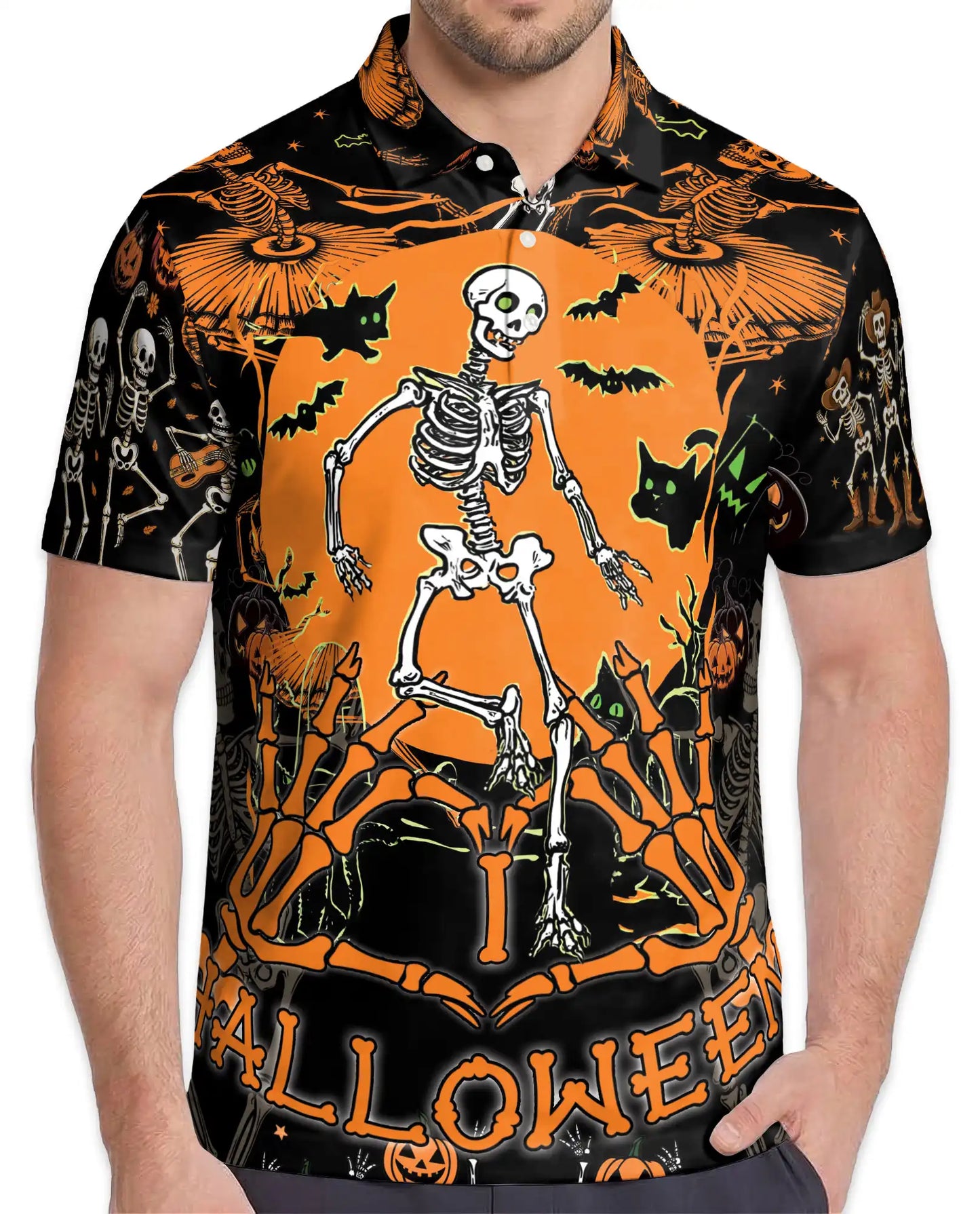 Halloween Skeleton Polo Shirt for Men, Spooky Party Style | Azhawaiian
