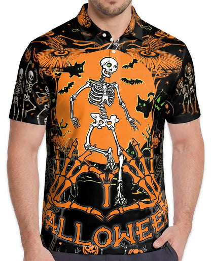 Halloween Skeleton Polo Shirt for Men, Spooky Party Style | Azhawaiian