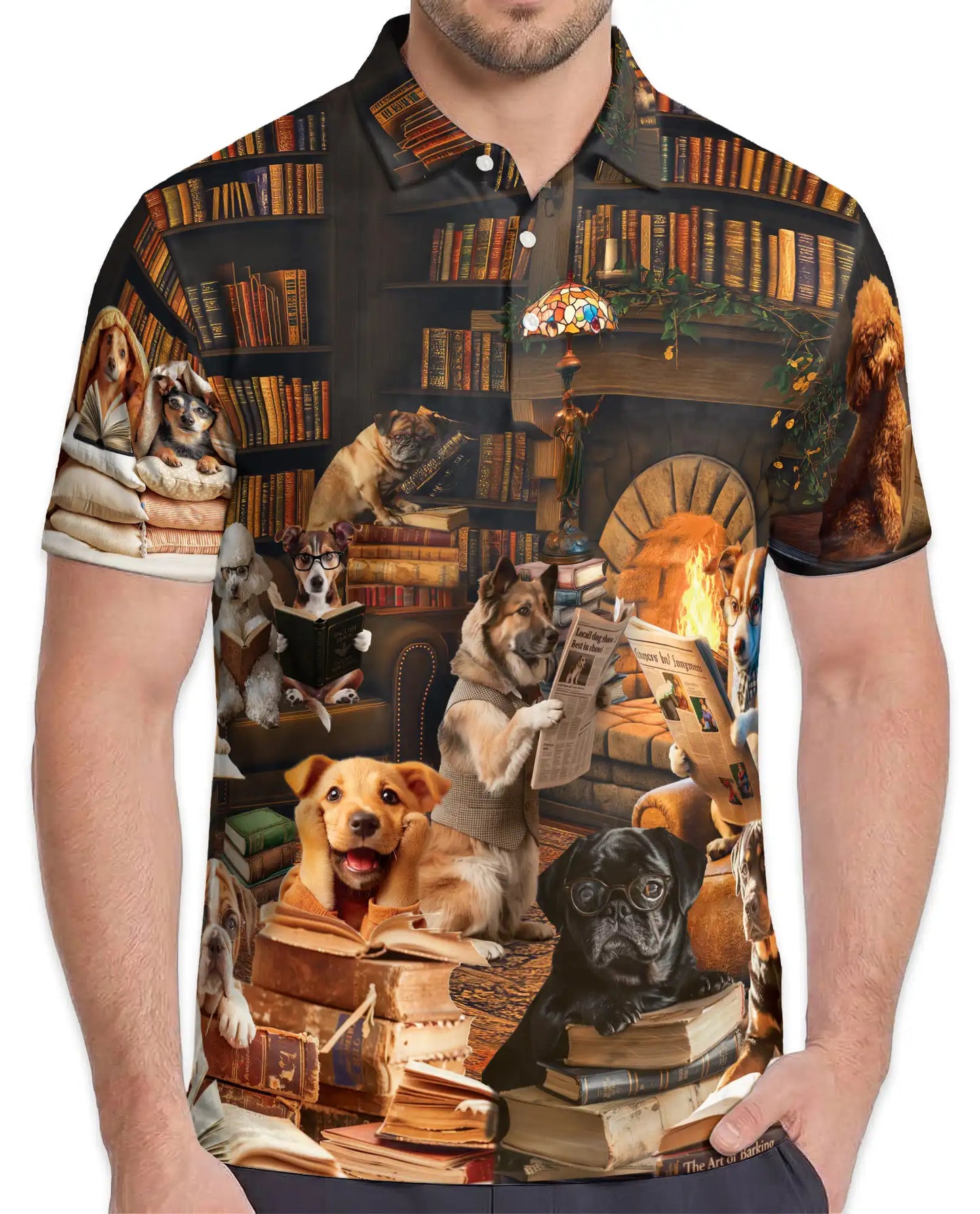 Happy Dogs Reading Polo Shirt for Men, Cute Dog Library Print | Azhawaiian