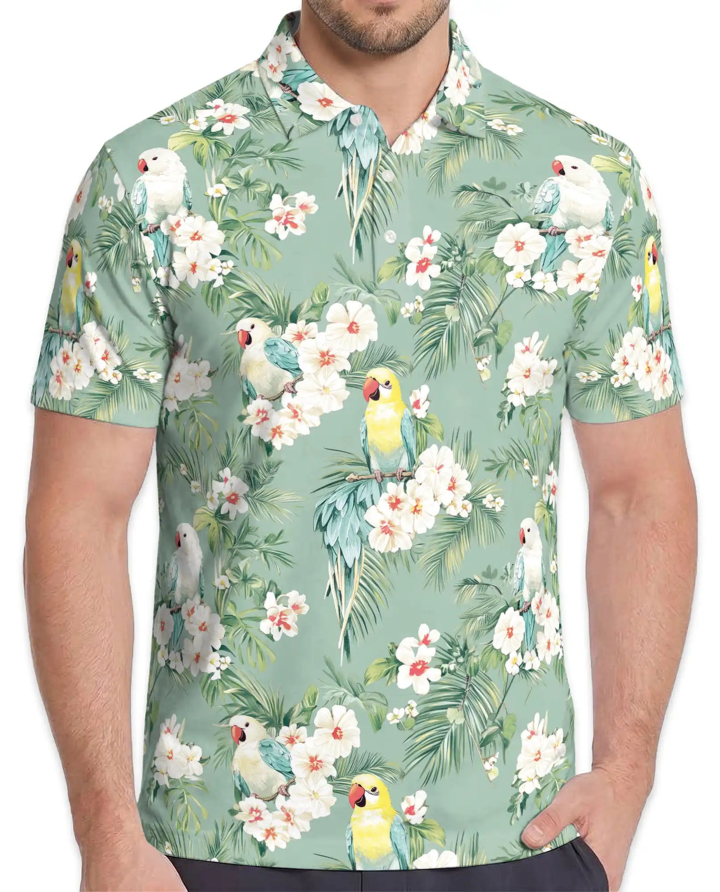 Tropical Parakeet Polo Shirt - Floral Bird Garden Style | Azhawaiian