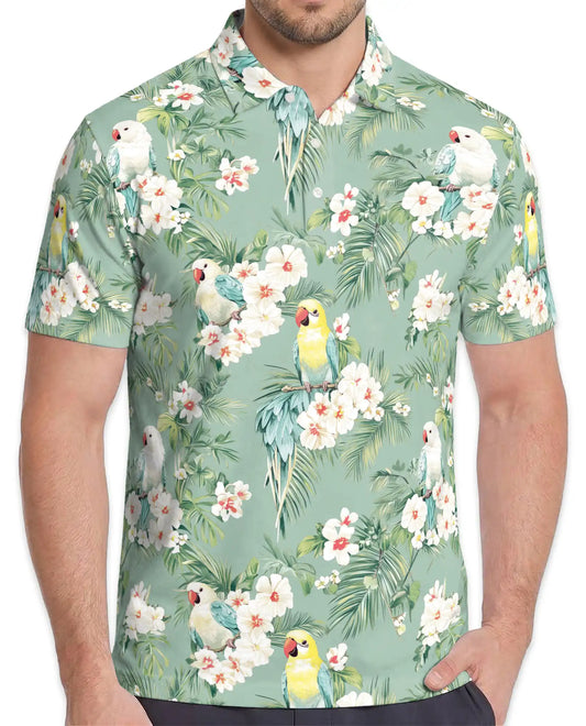 Tropical Parakeet Polo Shirt - Floral Bird Garden Style | Azhawaiian
