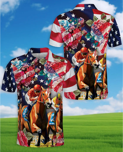 Roses Horse Racing 3D Polo Shirt for Men | Azhawaiian