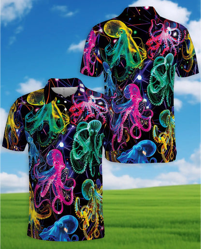 Neon Octopus Polo Shirt for Men, Vibrant Ocean Life | Azhawaiian