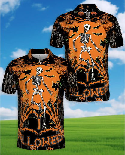 Halloween Skeleton Polo Shirt for Men, Spooky Party Style | Azhawaiian