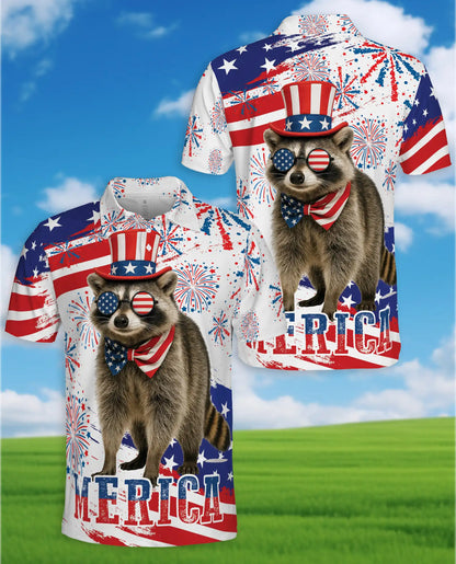 Patriotic Raccoon Polo Shirt for Men, USA Holiday Style | Azhawaiian