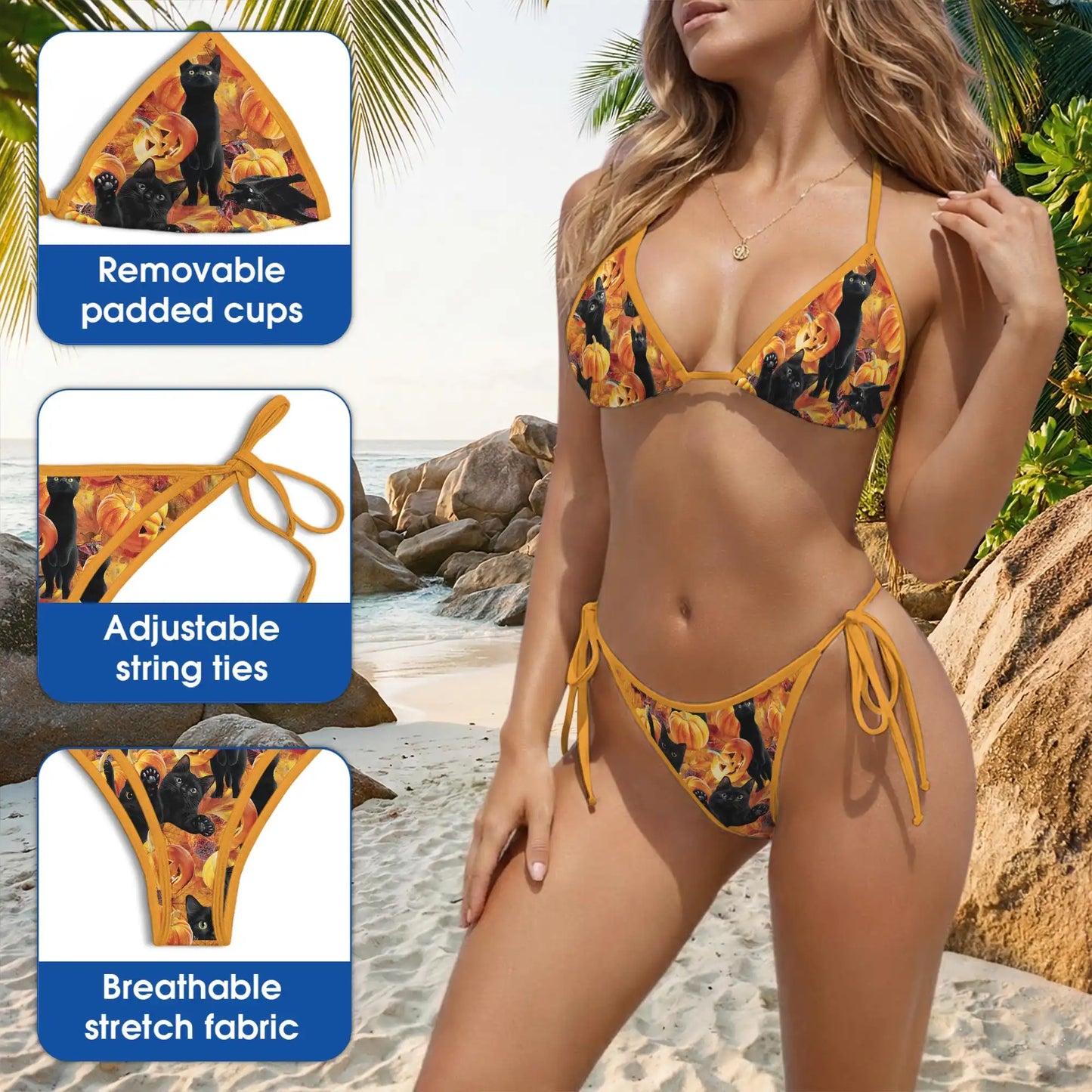 Black Cat and Pumpkin Bikini Set for Women-Two Piece Swimsuit, Halloween Beachwear | Azhawaiian