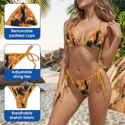 Black Cat and Pumpkin Bikini Set for Women-Two Piece Swimsuit, Halloween Beachwear | Azhawaiian