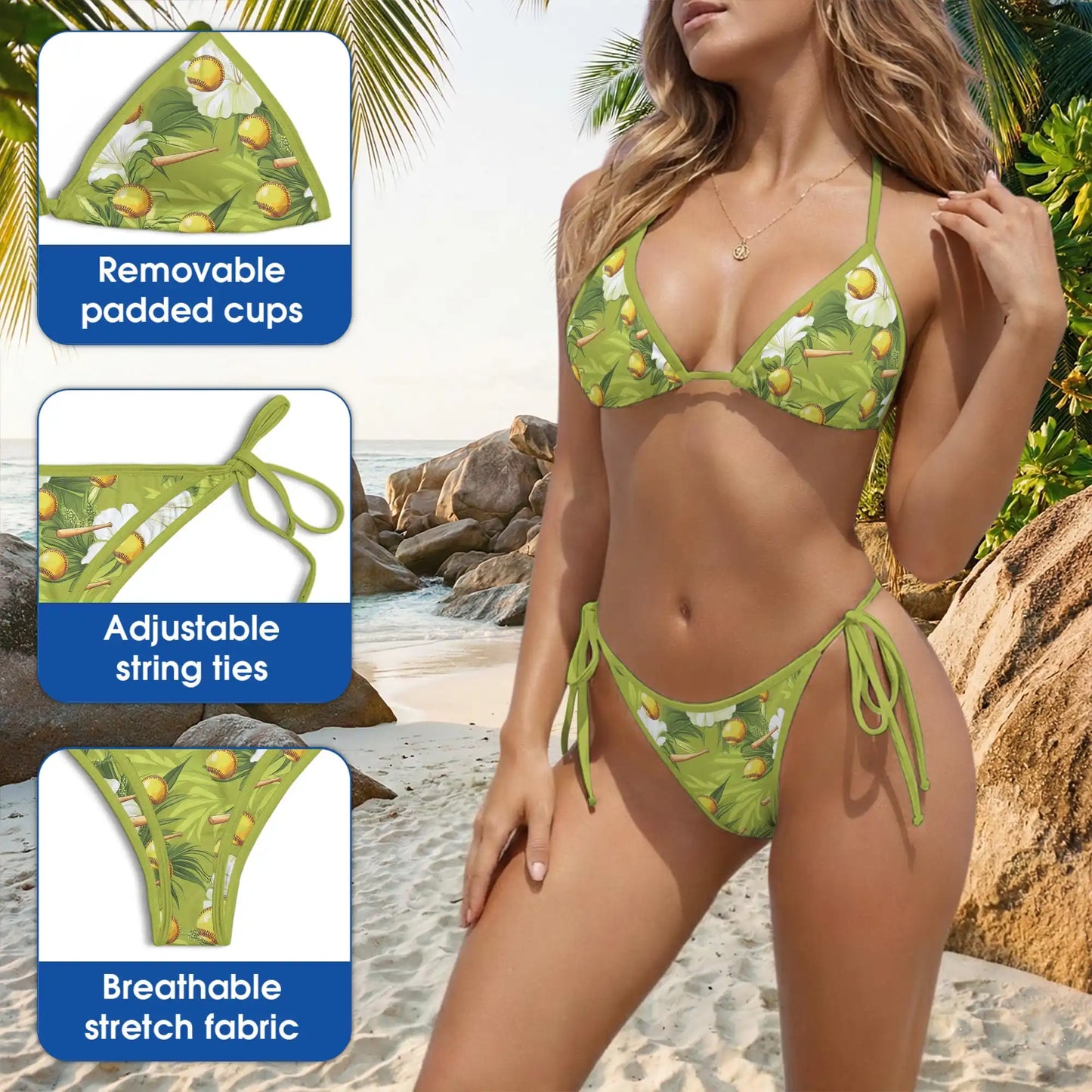 Green Softball Bikini Set, Tropical Sports Two Piece Swimsuit | Azhawaiian