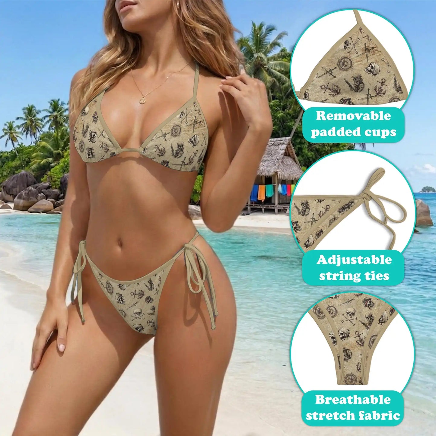 Pirate Skull Bikini Set for Women, Two Piece Swimsuit, Vintage Pirate Beachwear | Azhawaiian
