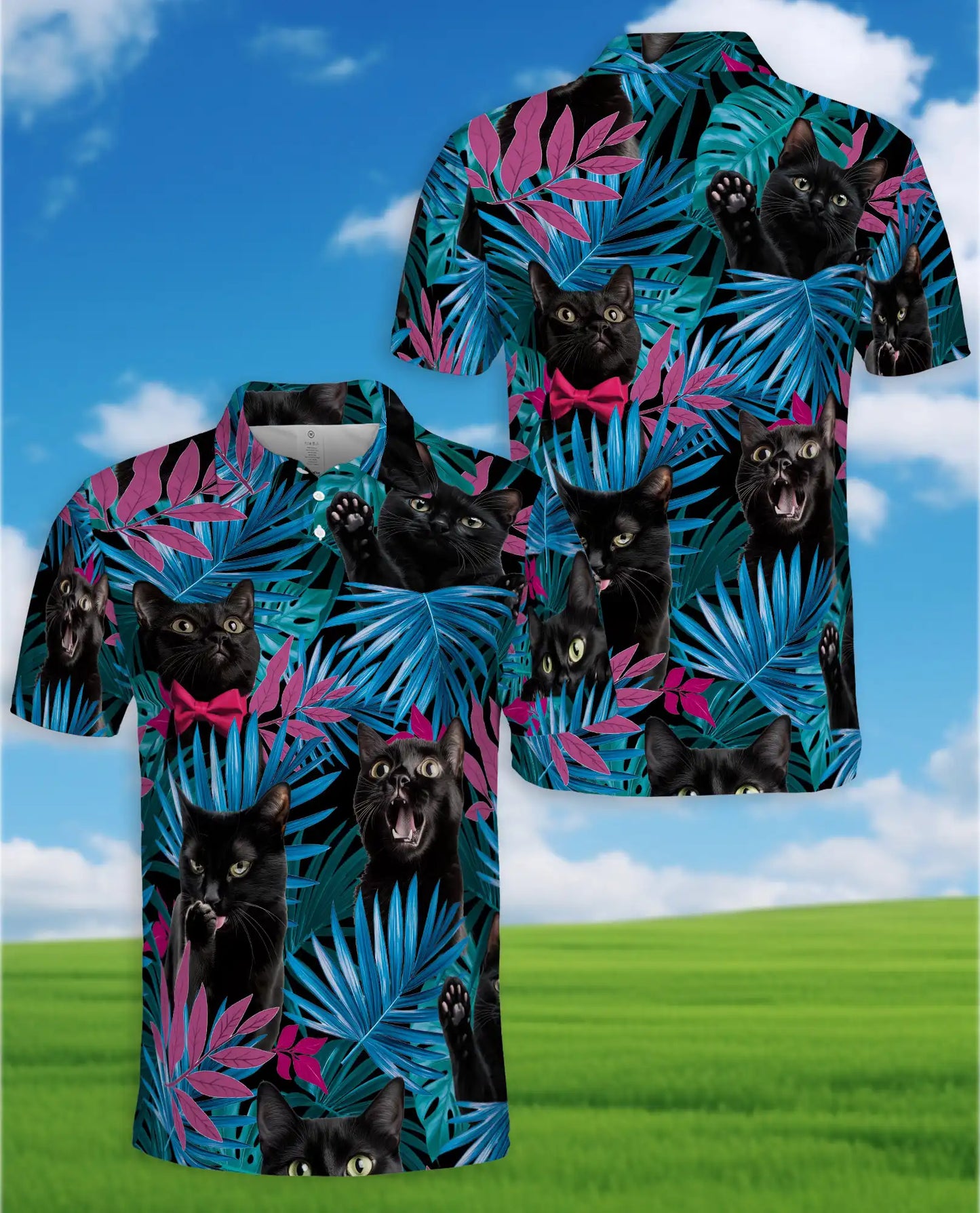 Black Cat Tropical Polo Shirt - Neon Jungle Kitty Style | Azhawaiian